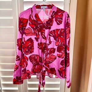 Sofia Vergara Pink Tropical Linen Blend Tie Front Blouse Plus Size XXXL